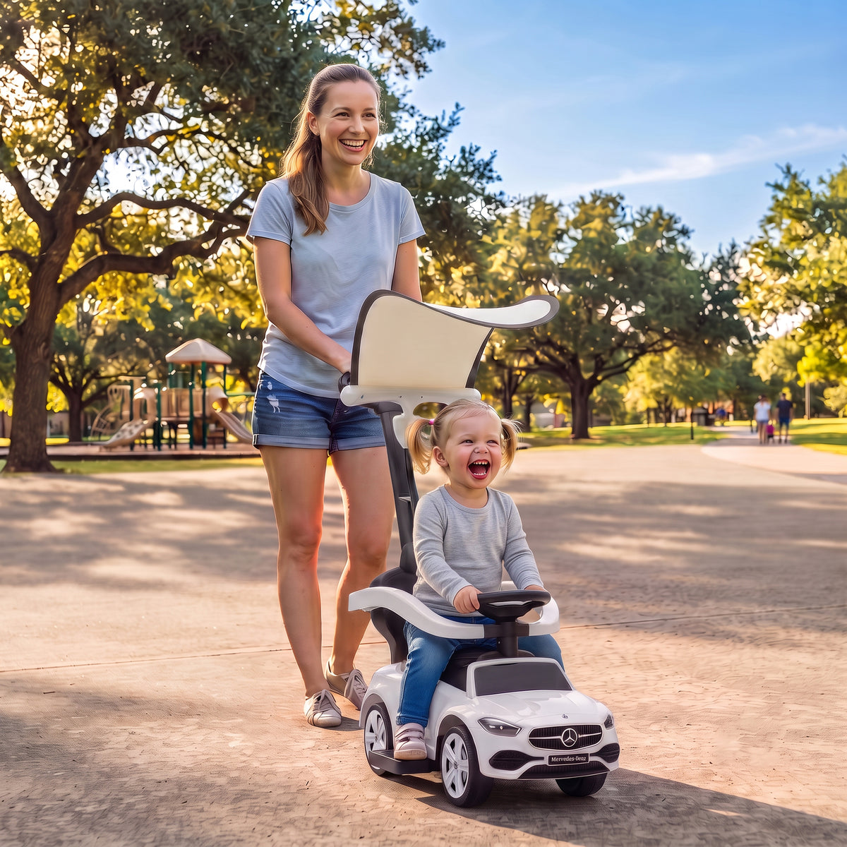 4 in 1 Toddler Push Car Licensed Mercedes-Benz with Push Handle, Canopy, Guardrails, Horn, Music for 18-36 Months-Toys & Games > Baby & Toddler Toys > Riding & Rocking Toys > Push Cars for Toddlers-DECOROLALA