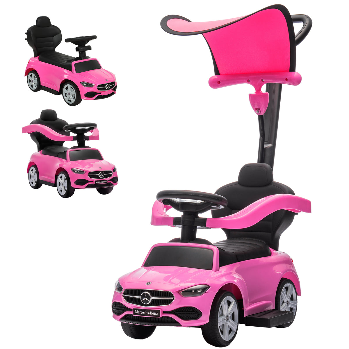 4 in 1 Toddler Push Car Licensed Mercedes-Benz with Push Handle, Canopy, Guardrails, Horn, Music for 18-36 Months-Toys & Games > Baby & Toddler Toys > Riding & Rocking Toys > Push Cars for Toddlers-DECOROLALA
