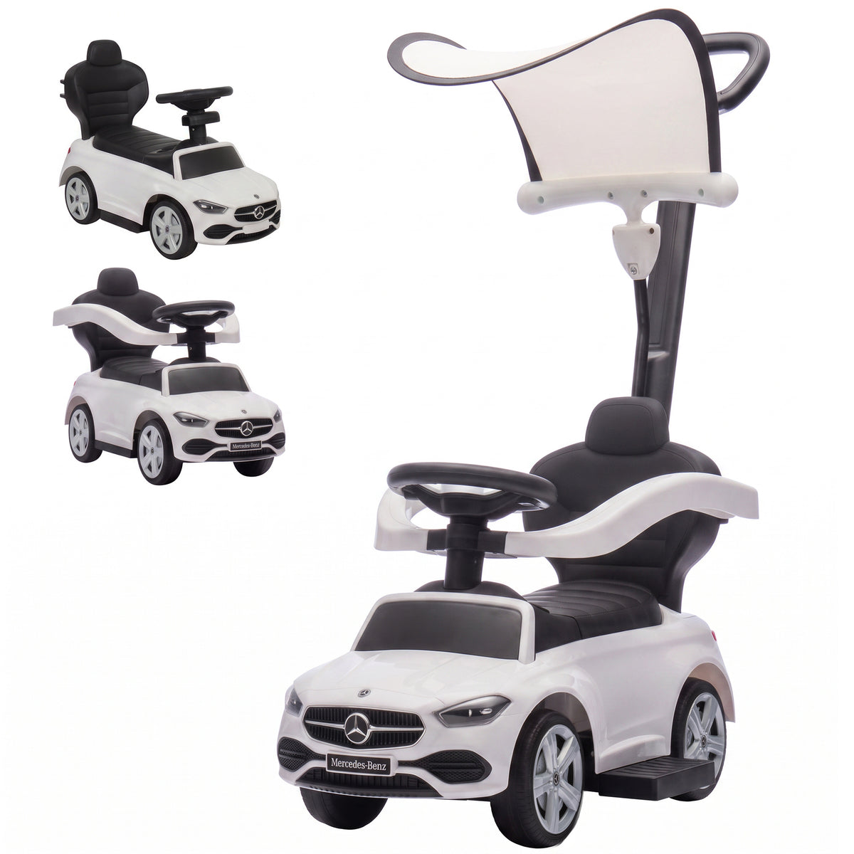 4 in 1 Toddler Push Car Licensed Mercedes-Benz with Push Handle, Canopy, Guardrails, Horn, Music for 18-36 Months-Toys & Games > Baby & Toddler Toys > Riding & Rocking Toys > Push Cars for Toddlers-DECOROLALA