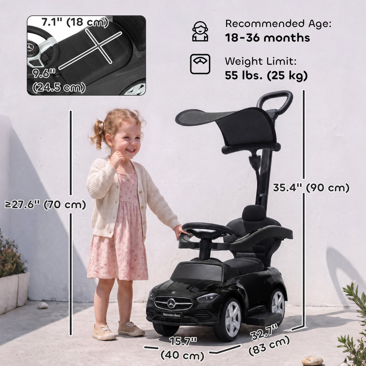 4 in 1 Toddler Push Car Licensed Mercedes-Benz with Push Handle, Canopy, Guardrails, Horn, Music for 18-36 Months-Toys & Games > Baby & Toddler Toys > Riding & Rocking Toys > Push Cars for Toddlers-DECOROLALA