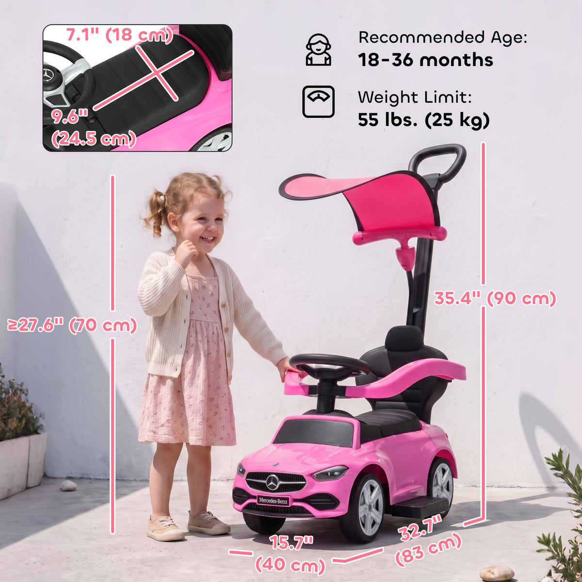 4 in 1 Toddler Push Car Licensed Mercedes-Benz with Push Handle, Canopy, Guardrails, Horn, Music for 18-36 Months-Toys & Games > Baby & Toddler Toys > Riding & Rocking Toys > Push Cars for Toddlers-DECOROLALA