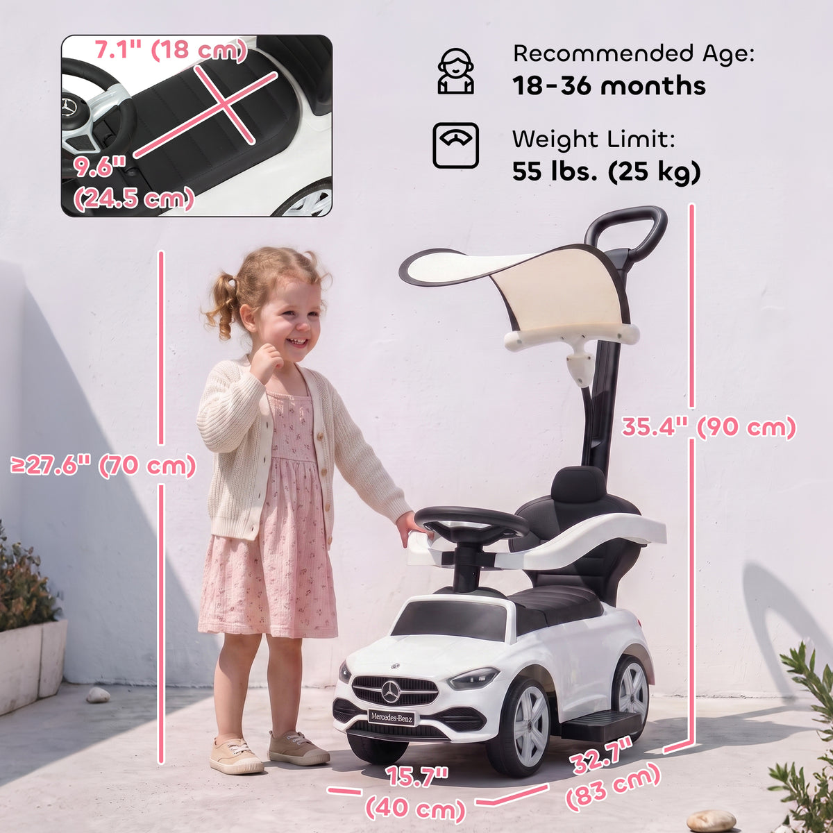 4 in 1 Toddler Push Car Licensed Mercedes-Benz with Push Handle, Canopy, Guardrails, Horn, Music for 18-36 Months-Toys & Games > Baby & Toddler Toys > Riding & Rocking Toys > Push Cars for Toddlers-DECOROLALA