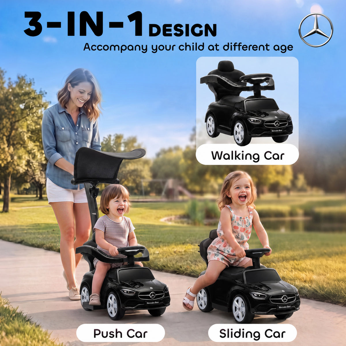 4 in 1 Toddler Push Car Licensed Mercedes-Benz with Push Handle, Canopy, Guardrails, Horn, Music for 18-36 Months-Toys & Games > Baby & Toddler Toys > Riding & Rocking Toys > Push Cars for Toddlers-DECOROLALA