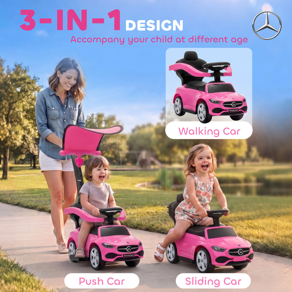 4 in 1 Toddler Push Car Licensed Mercedes-Benz with Push Handle, Canopy, Guardrails, Horn, Music for 18-36 Months-Toys & Games > Baby & Toddler Toys > Riding & Rocking Toys > Push Cars for Toddlers-DECOROLALA