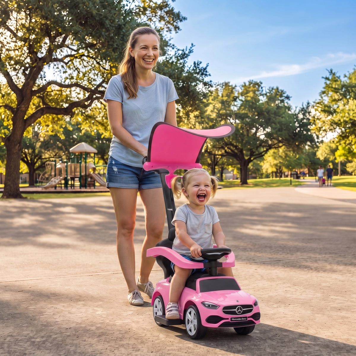 4 in 1 Toddler Push Car Licensed Mercedes-Benz with Push Handle, Canopy, Guardrails, Horn, Music for 18-36 Months-Toys & Games > Baby & Toddler Toys > Riding & Rocking Toys > Push Cars for Toddlers-DECOROLALA
