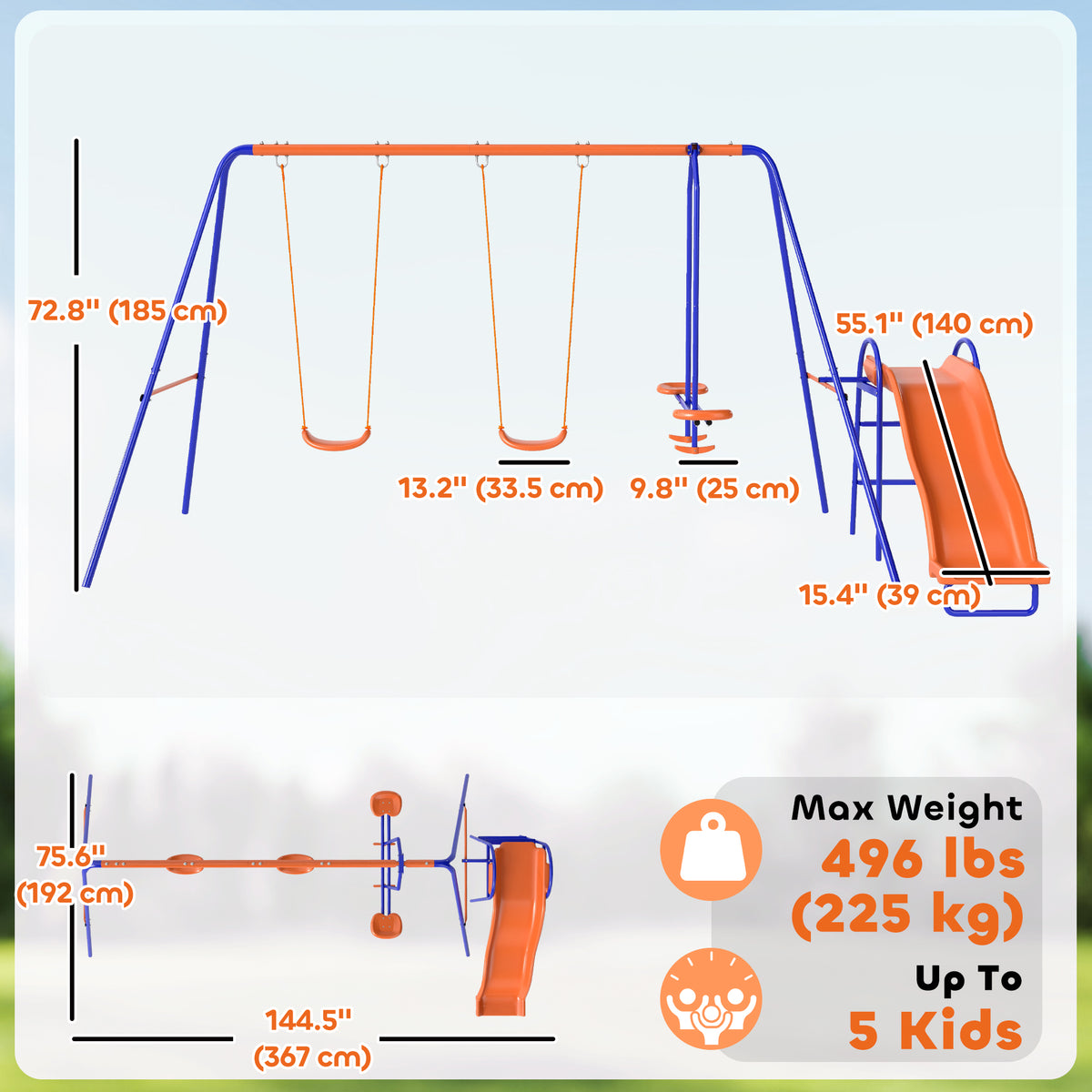 4 in 1 Metal Swing Set with Double Swings, Glider, Slide, Ladder for Backyard, Outdoor, Playground, Multicoloured-Toys & Games > Kids Outdoor Play > Gym Sets & Swings-DECOROLALA
