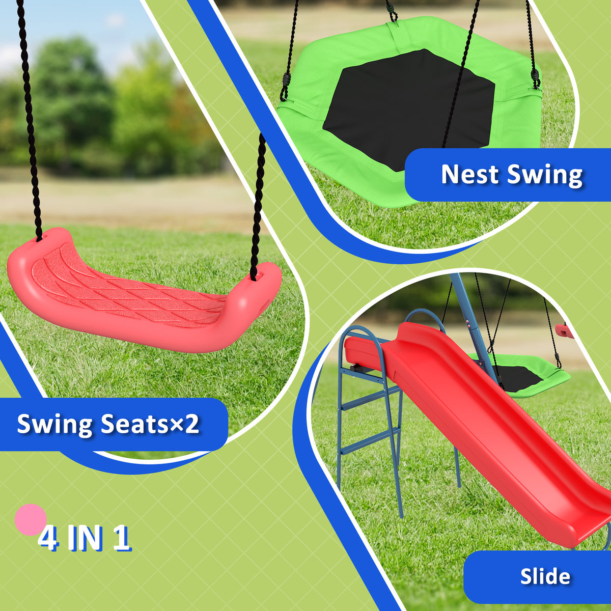 Metal Swing Set for Backyard, 4 in 1 Design with 1 Nest Swing, 2 Seats, 1 Slide, Holds Up to 352 lbs. for Ages 3-8-Toys & Games > Kids Outdoor Play > Gym Sets & Swings-DECOROLALA