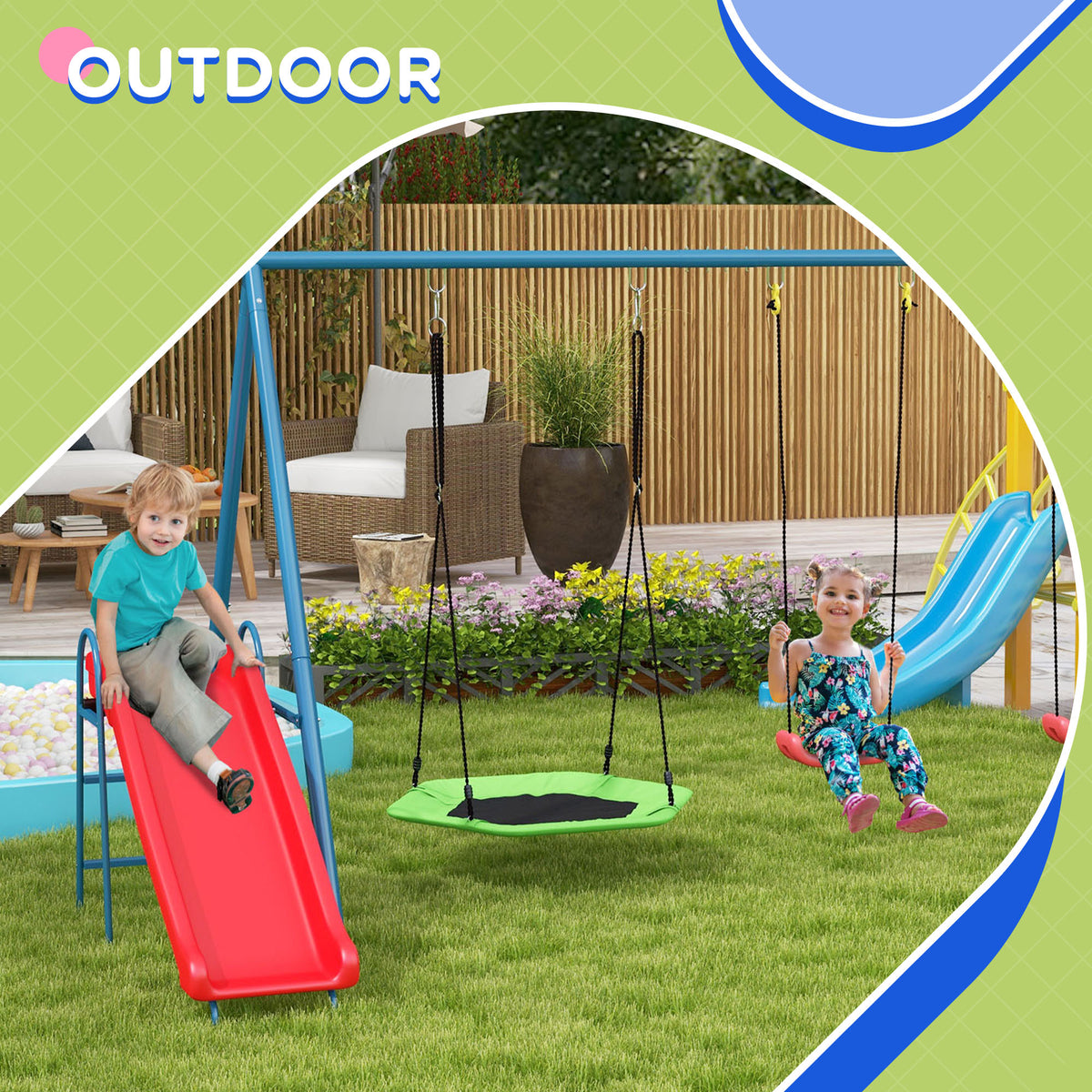Metal Swing Set for Backyard, 4 in 1 Design with 1 Nest Swing, 2 Seats, 1 Slide, Holds Up to 352 lbs. for Ages 3-8-Toys & Games > Kids Outdoor Play > Gym Sets & Swings-DECOROLALA