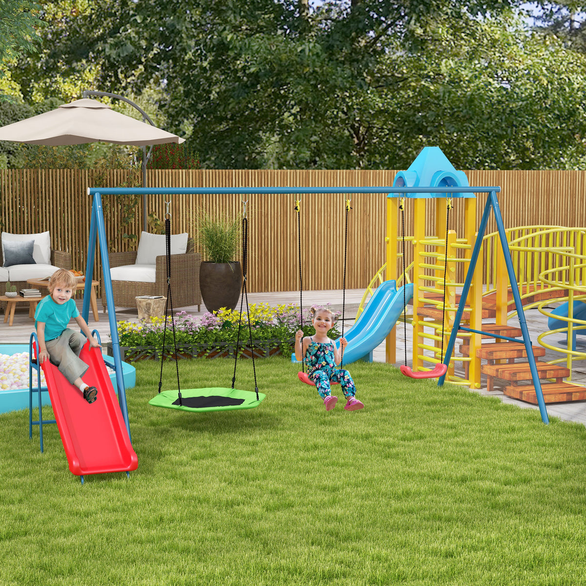 Metal Swing Set for Backyard, 4 in 1 Design with 1 Nest Swing, 2 Seats, 1 Slide, Holds Up to 352 lbs. for Ages 3-8-Toys & Games > Kids Outdoor Play > Gym Sets & Swings-DECOROLALA
