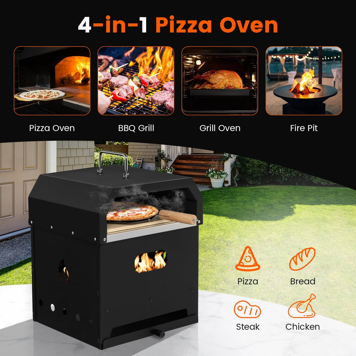 4-in-1 Outdoor Portable Pizza Oven with 12 Inch Pizza Stone-Outdoor Grills-DECOROLALA