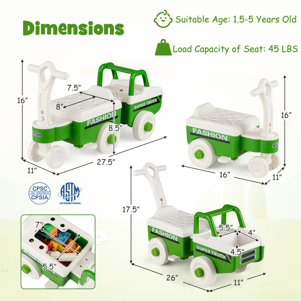4 in 1 Ride on Push Car with Music and Under-Seat Storage for Boys Girls