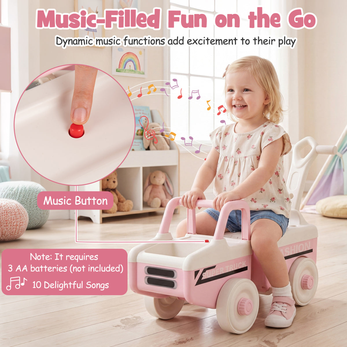 4 in 1 Ride on Push Car with Music and Under-Seat Storage for Boys Girls