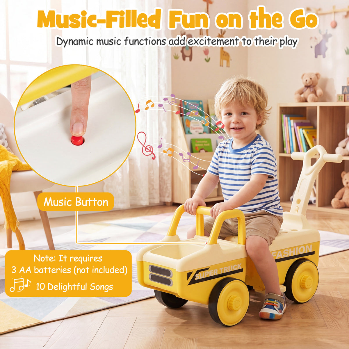4 in 1 Ride on Push Car with Music and Under-Seat Storage for Boys Girls