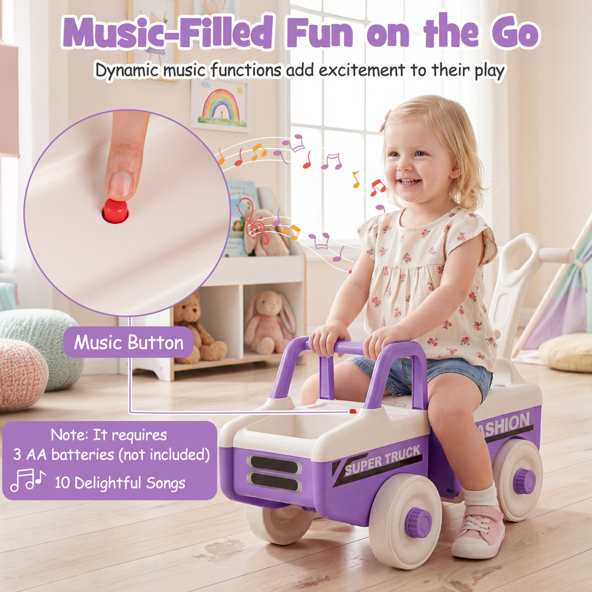 4 in 1 Ride on Push Car with Music and Under-Seat Storage for Boys Girls