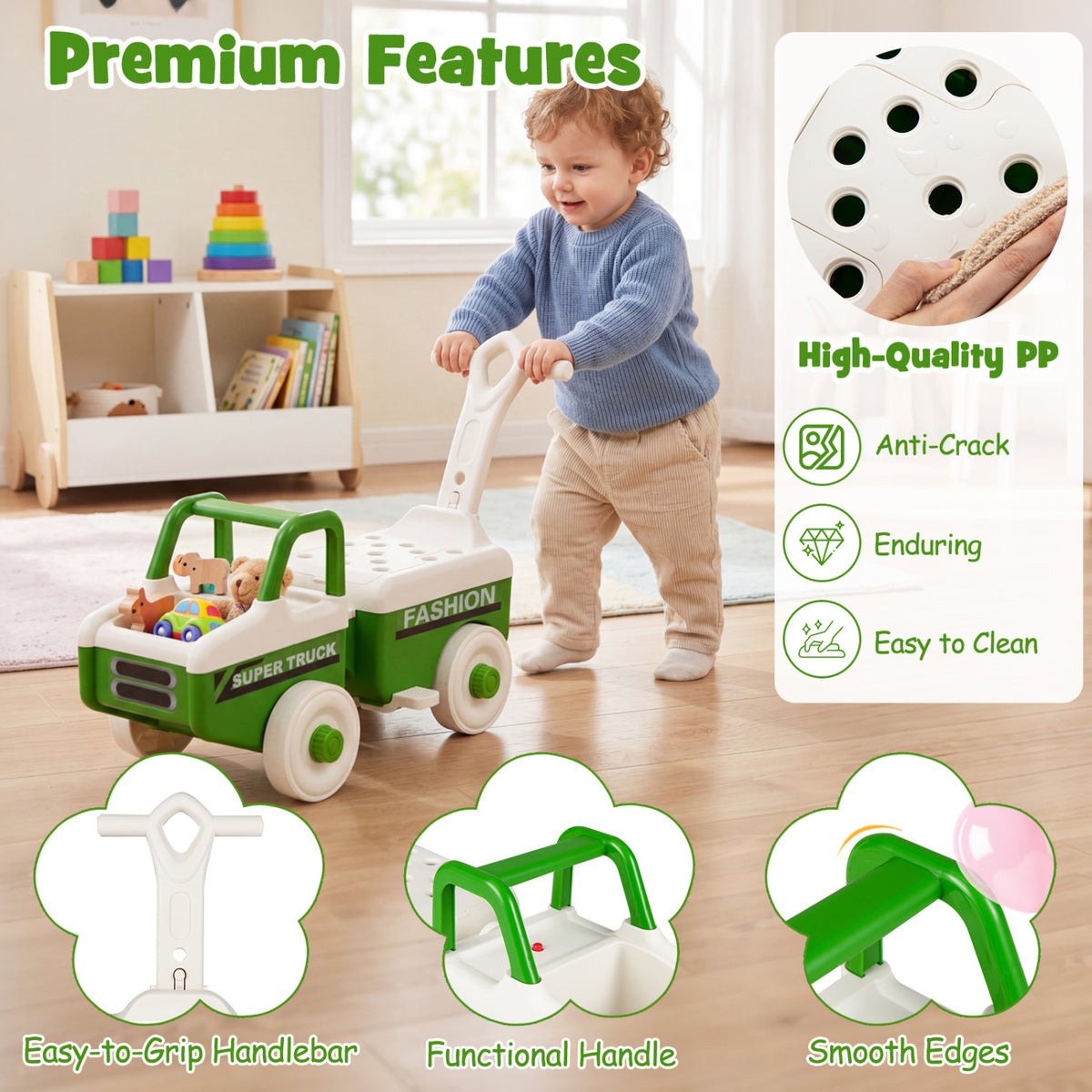 4 in 1 Ride on Push Car with Music and Under-Seat Storage for Boys Girls