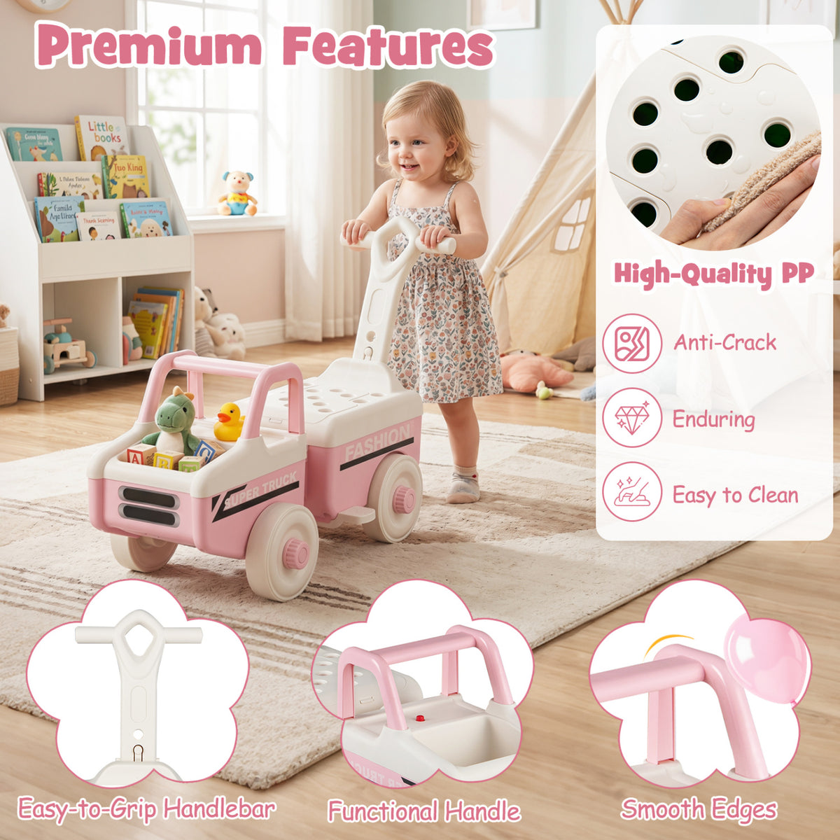 4 in 1 Ride on Push Car with Music and Under-Seat Storage for Boys Girls