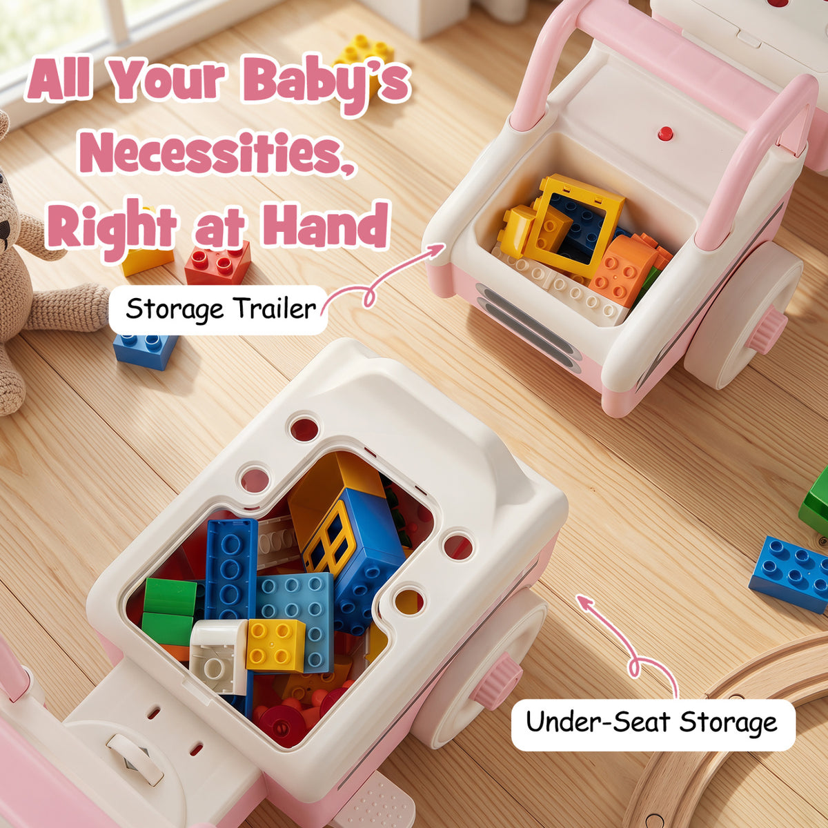 4 in 1 Ride on Push Car with Music and Under-Seat Storage for Boys Girls