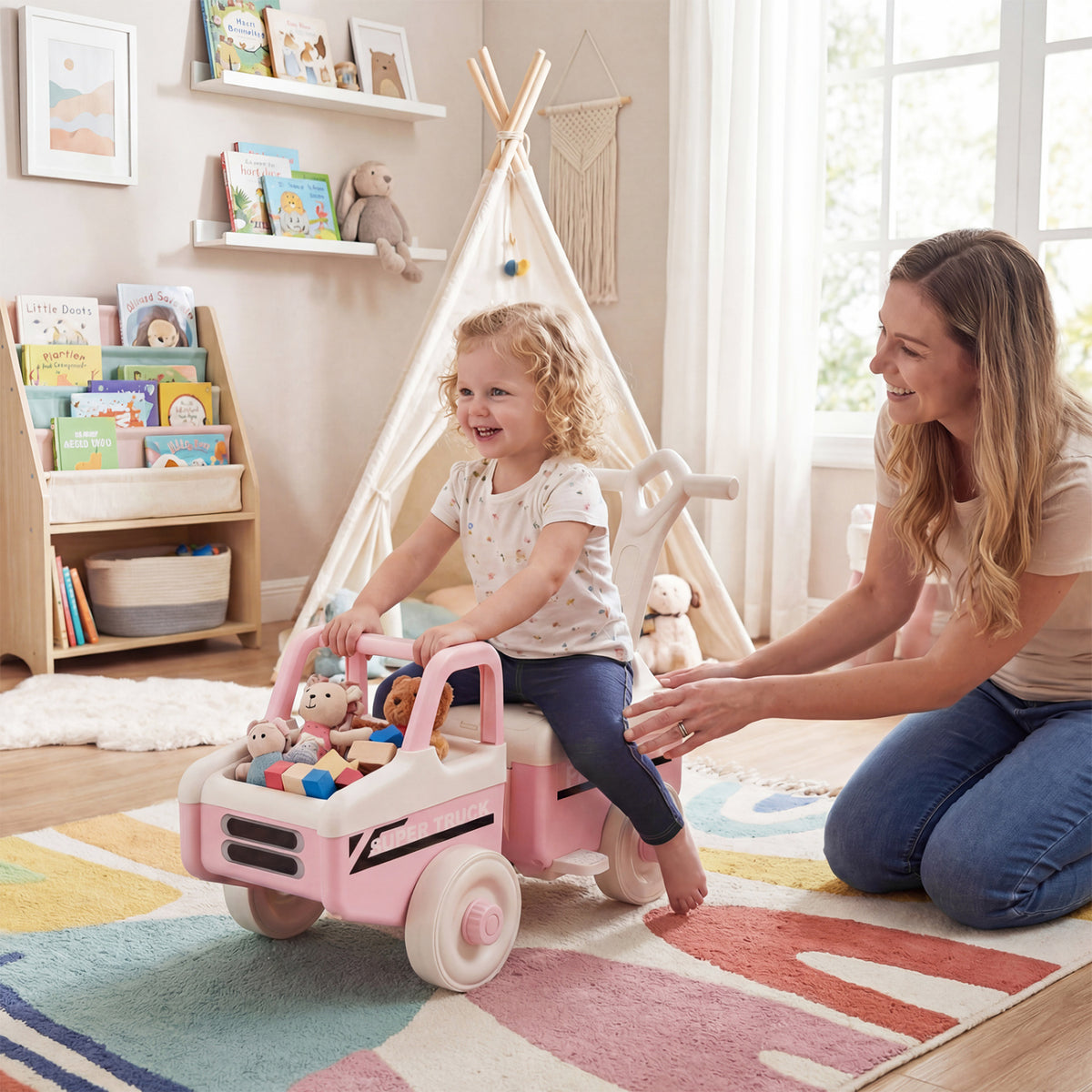 4 in 1 Ride on Push Car with Music and Under-Seat Storage for Boys Girls