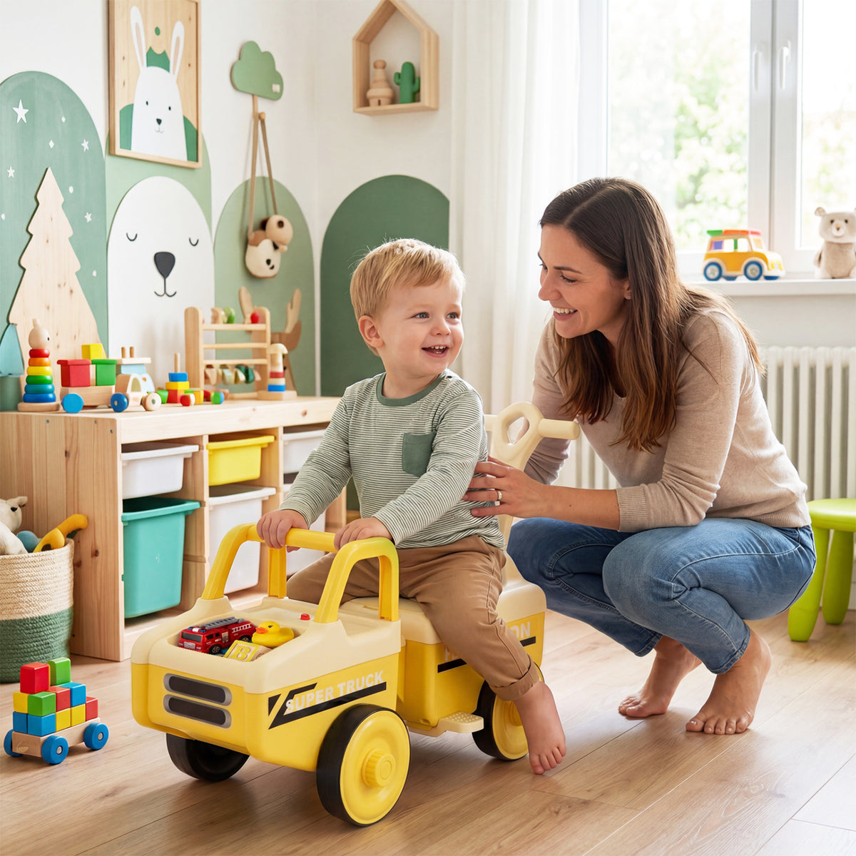 4 in 1 Ride on Push Car with Music and Under-Seat Storage for Boys Girls