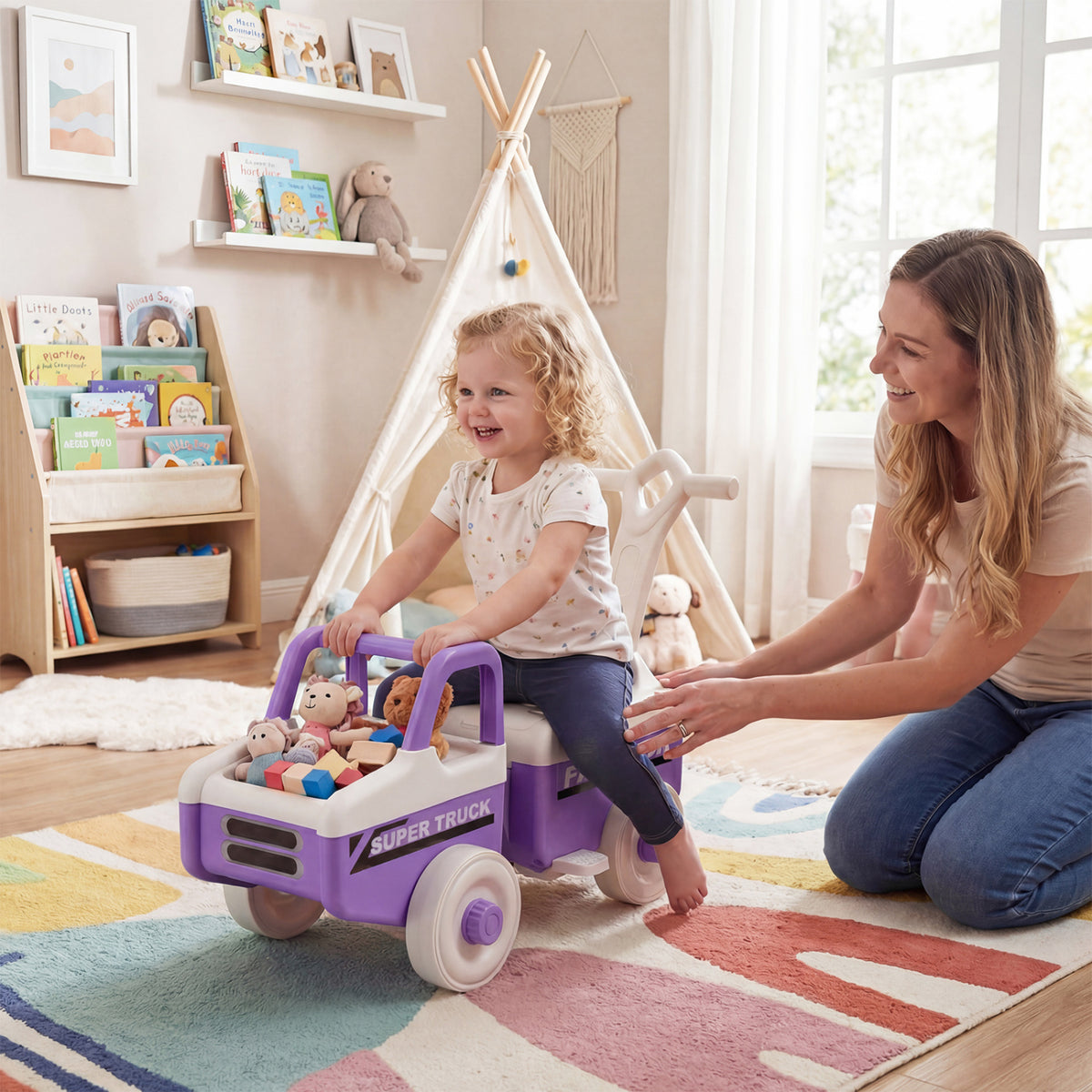 4 in 1 Ride on Push Car with Music and Under-Seat Storage for Boys Girls