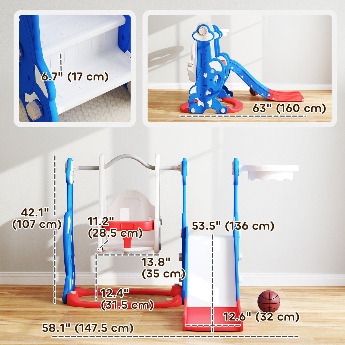 4-in-1 Slide and Swing Set with Basketball Hoop, Climber, for Ages 1.5-4 Boys Girls Toddler, Rocket Themed, Dark Blue-Toys & Games > Kids Outdoor Play > Gym Sets & Swings-DECOROLALA