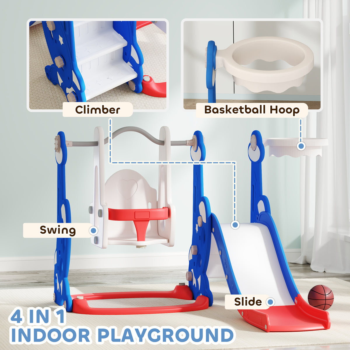 4-in-1 Slide and Swing Set with Basketball Hoop, Climber, for Ages 1.5-4 Boys Girls Toddler, Rocket Themed, Dark Blue-Toys & Games > Kids Outdoor Play > Gym Sets & Swings-DECOROLALA