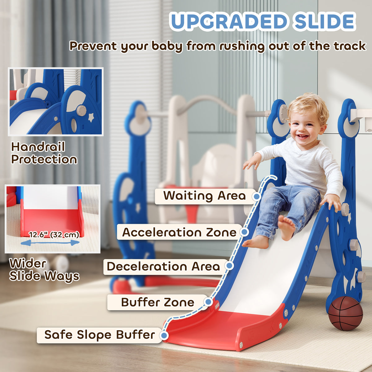 4-in-1 Slide and Swing Set with Basketball Hoop, Climber, for Ages 1.5-4 Boys Girls Toddler, Rocket Themed, Dark Blue-Toys & Games > Kids Outdoor Play > Gym Sets & Swings-DECOROLALA