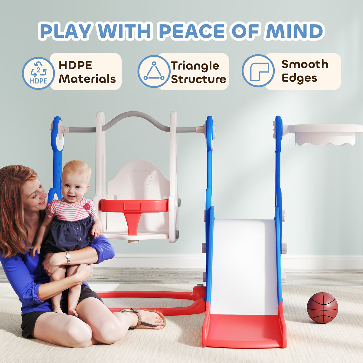4-in-1 Slide and Swing Set with Basketball Hoop, Climber, for Ages 1.5-4 Boys Girls Toddler, Rocket Themed, Dark Blue-Toys & Games > Kids Outdoor Play > Gym Sets & Swings-DECOROLALA