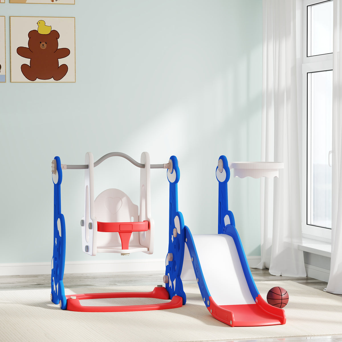 4-in-1 Slide and Swing Set with Basketball Hoop, Climber, for Ages 1.5-4 Boys Girls Toddler, Rocket Themed, Dark Blue-Toys & Games > Kids Outdoor Play > Gym Sets & Swings-DECOROLALA