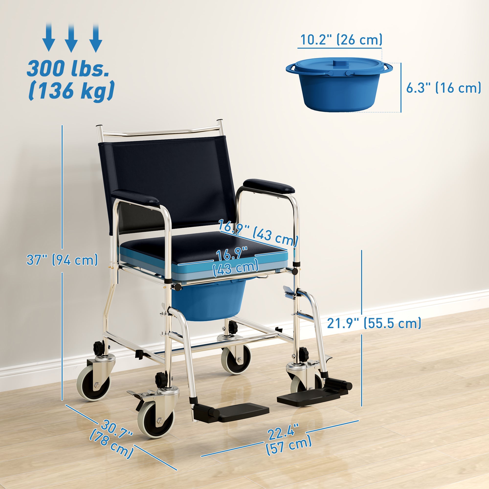 4-in-1 Rolling Shower Chair Bedside Commode - Black 300 lbs-DECOROLALA