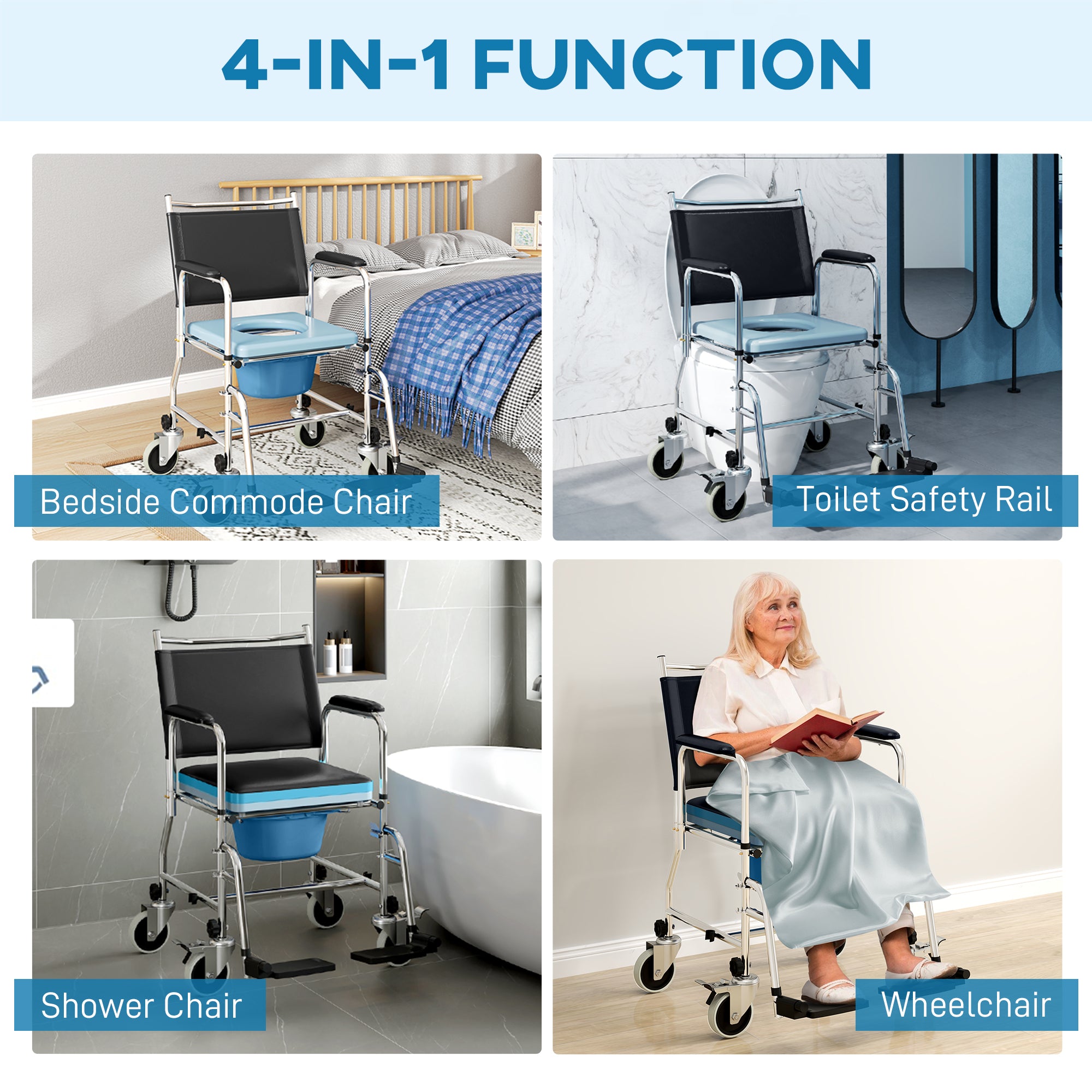 4-in-1 Rolling Shower Chair Bedside Commode - Black 300 lbs-DECOROLALA