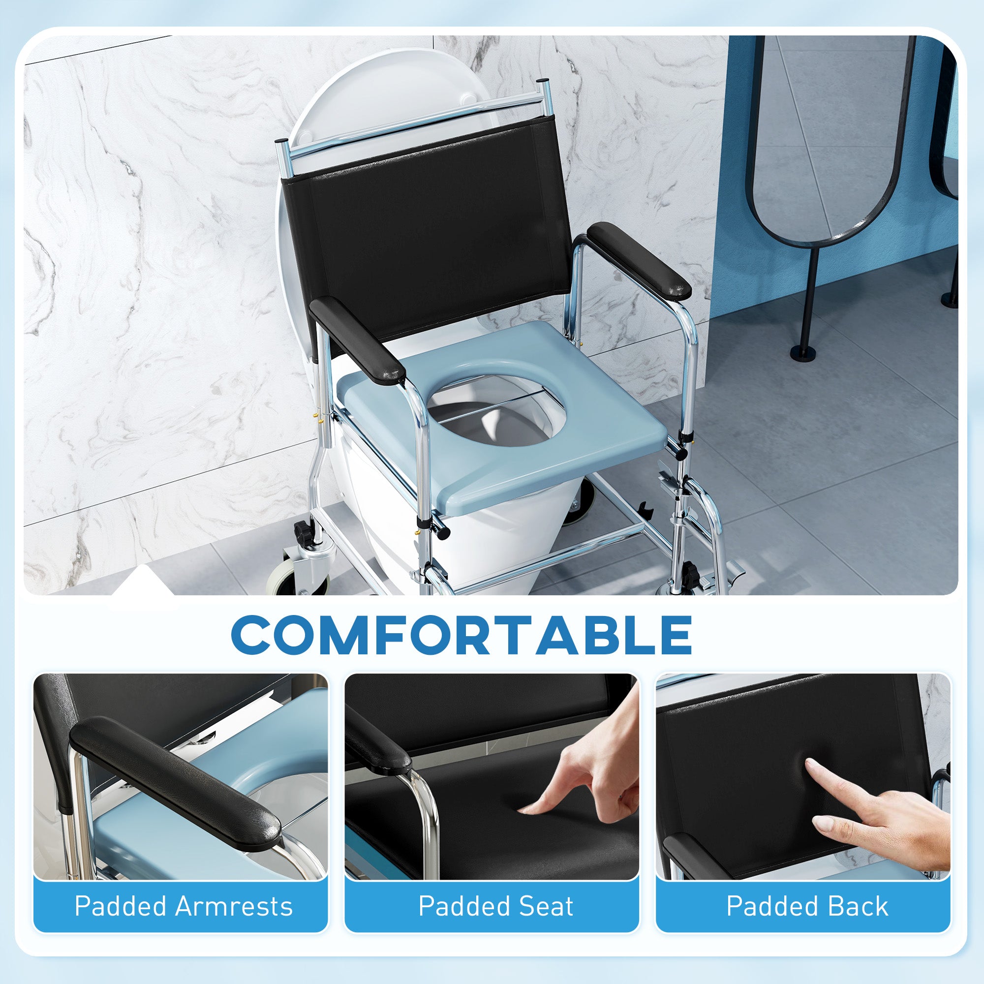 4-in-1 Rolling Shower Chair Bedside Commode - Black 300 lbs-DECOROLALA