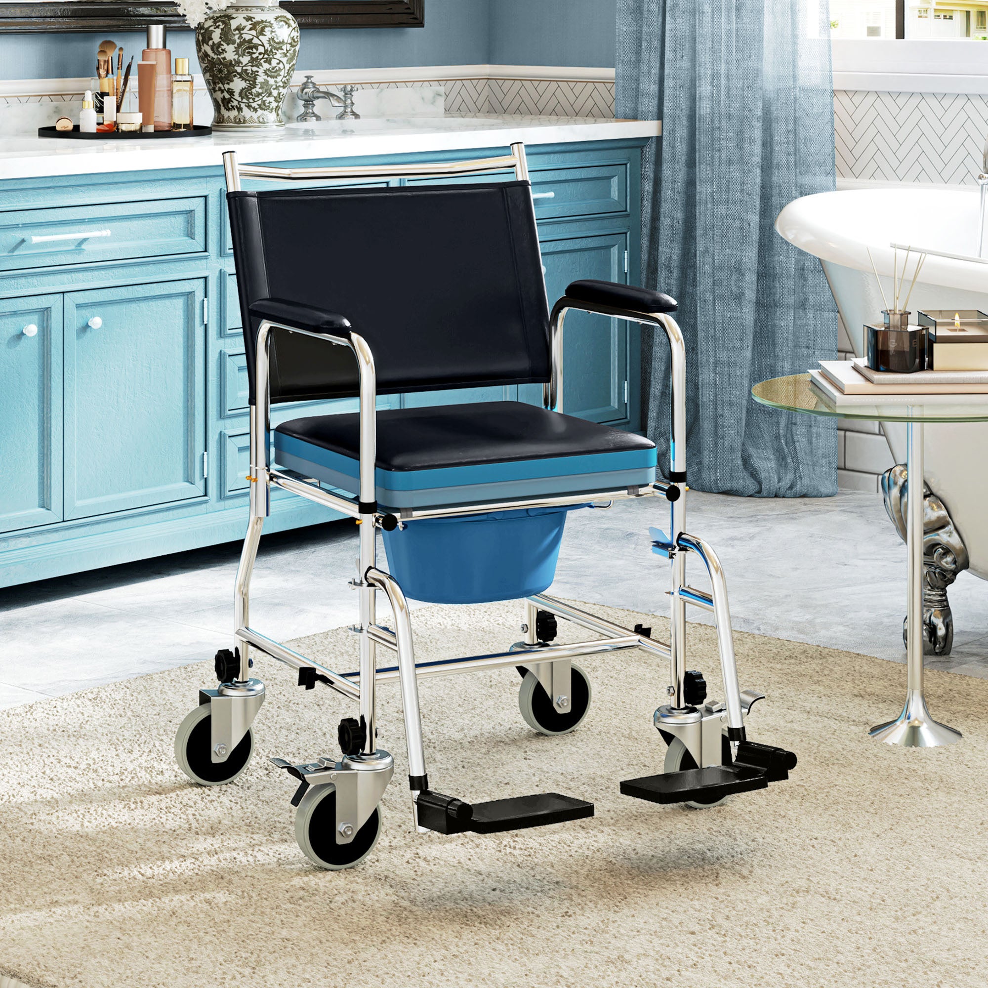 4-in-1 Rolling Shower Chair Bedside Commode - Black 300 lbs-DECOROLALA