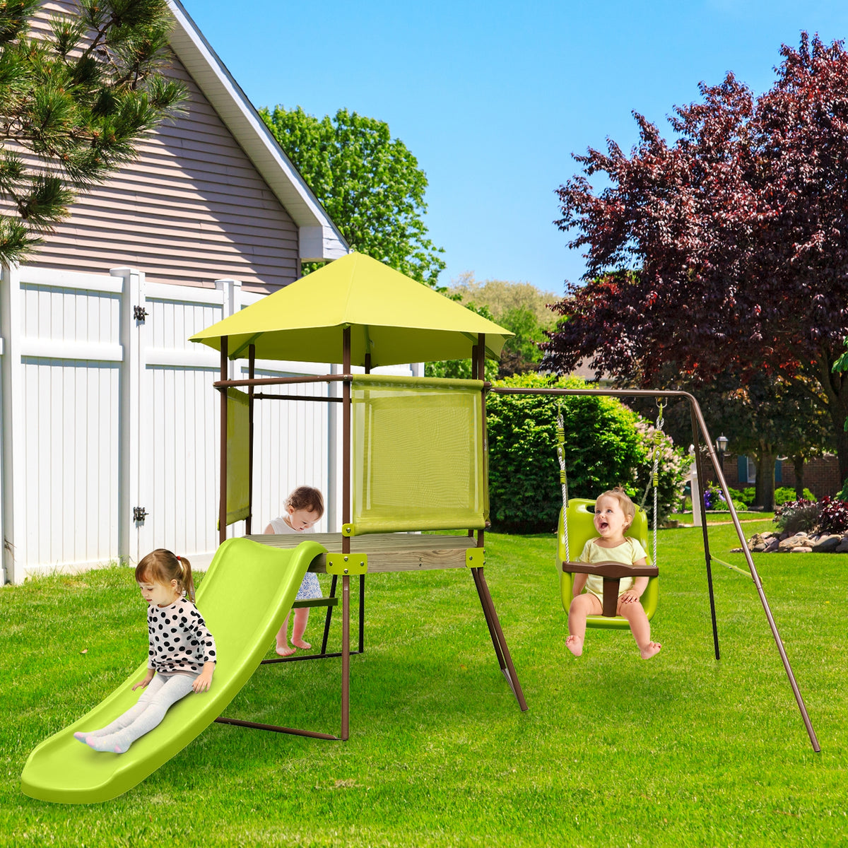 Balançoire 4-en-1 avec cabane de jeu couverte, fort et siège bébé réglable en hauteur - vert