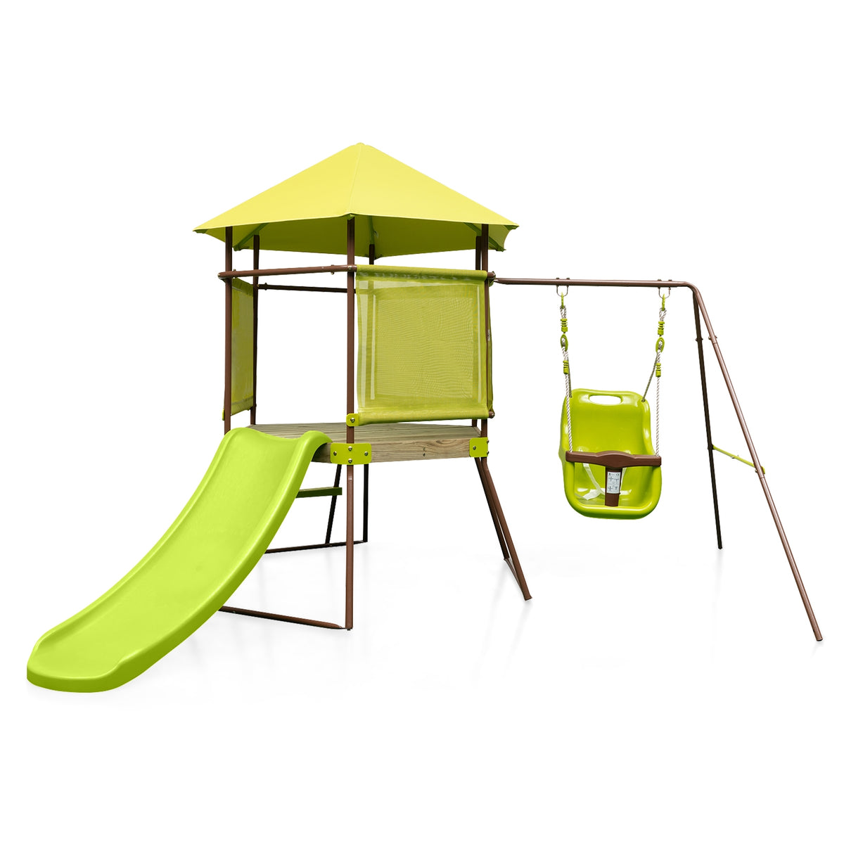 Balançoire 4-en-1 avec cabane de jeu couverte, fort et siège bébé réglable en hauteur - vert