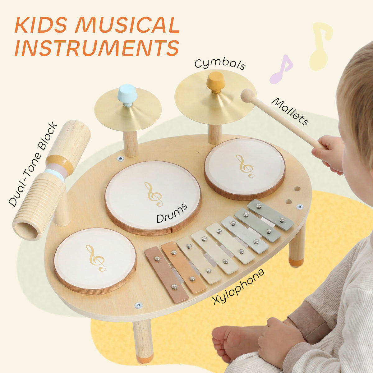 Toddler Drum Set, 4-in-1 Musical Instruments for Kids 2+, Gifts for Girls Boys Birthday, Natural Wood-Toys & Games > Baby & Toddler Toys > Electronic Musical Pianos-DECOROLALA