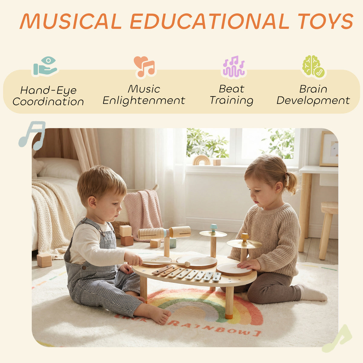 Toddler Drum Set, 4-in-1 Musical Instruments for Kids 2+, Gifts for Girls Boys Birthday, Natural Wood-Toys & Games > Baby & Toddler Toys > Electronic Musical Pianos-DECOROLALA