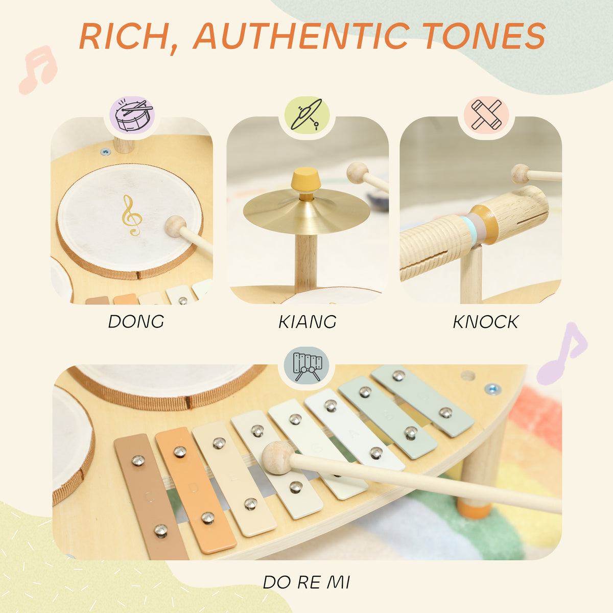 Toddler Drum Set, 4-in-1 Musical Instruments for Kids 2+, Gifts for Girls Boys Birthday, Natural Wood-Toys & Games > Baby & Toddler Toys > Electronic Musical Pianos-DECOROLALA