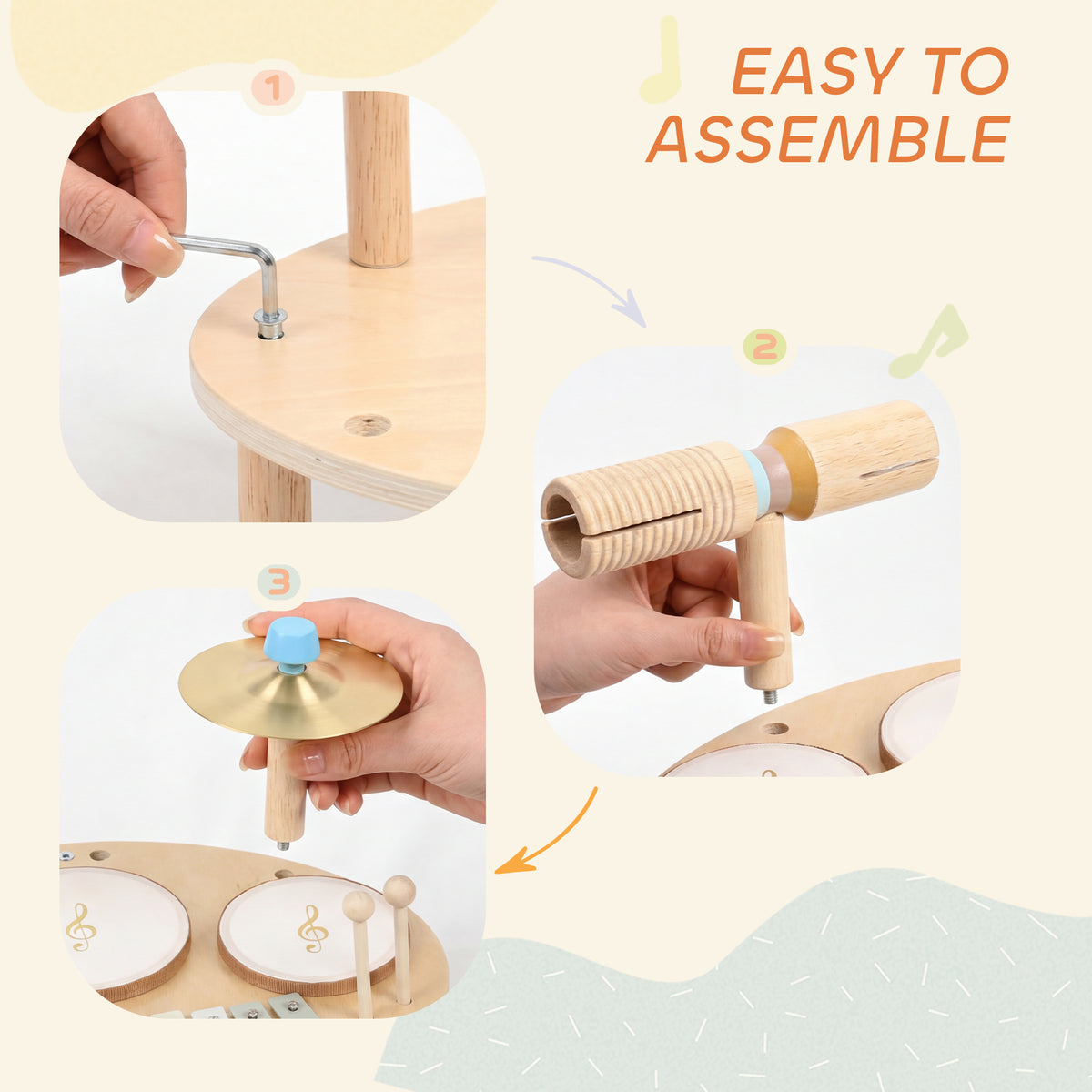 Toddler Drum Set, 4-in-1 Musical Instruments for Kids 2+, Gifts for Girls Boys Birthday, Natural Wood-Toys & Games > Baby & Toddler Toys > Electronic Musical Pianos-DECOROLALA