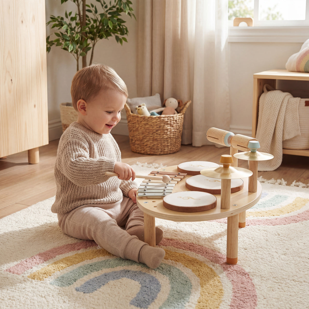 Toddler Drum Set, 4-in-1 Musical Instruments for Kids 2+, Gifts for Girls Boys Birthday, Natural Wood-Toys & Games > Baby & Toddler Toys > Electronic Musical Pianos-DECOROLALA