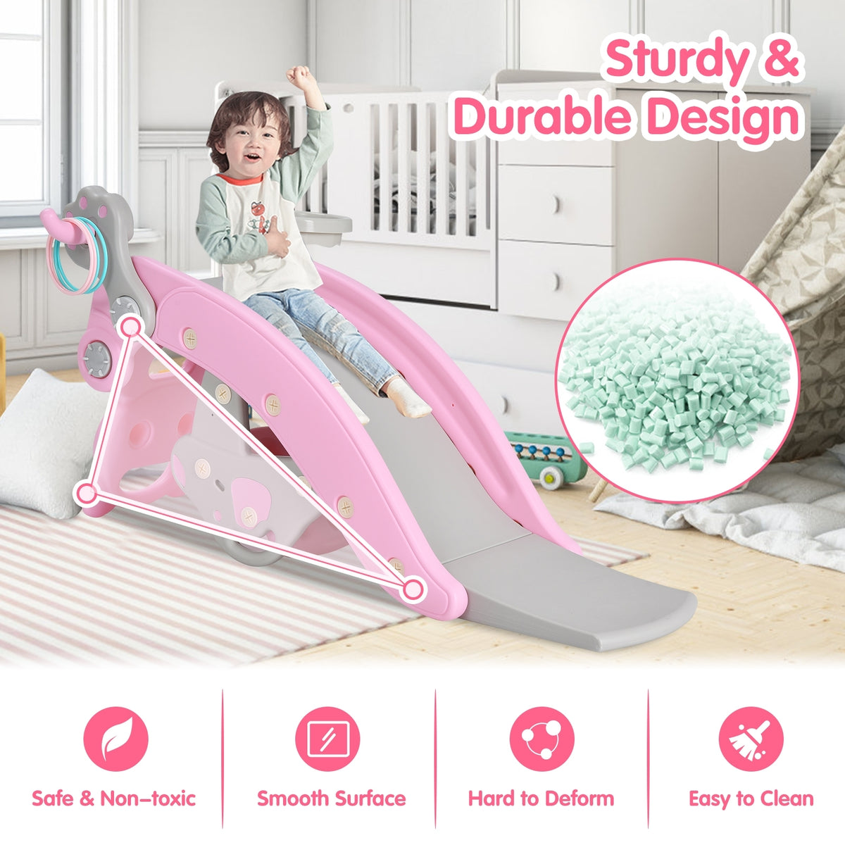 4-in-1 Toddler Slide and Rocking Horse Playset with Basketball Hoop