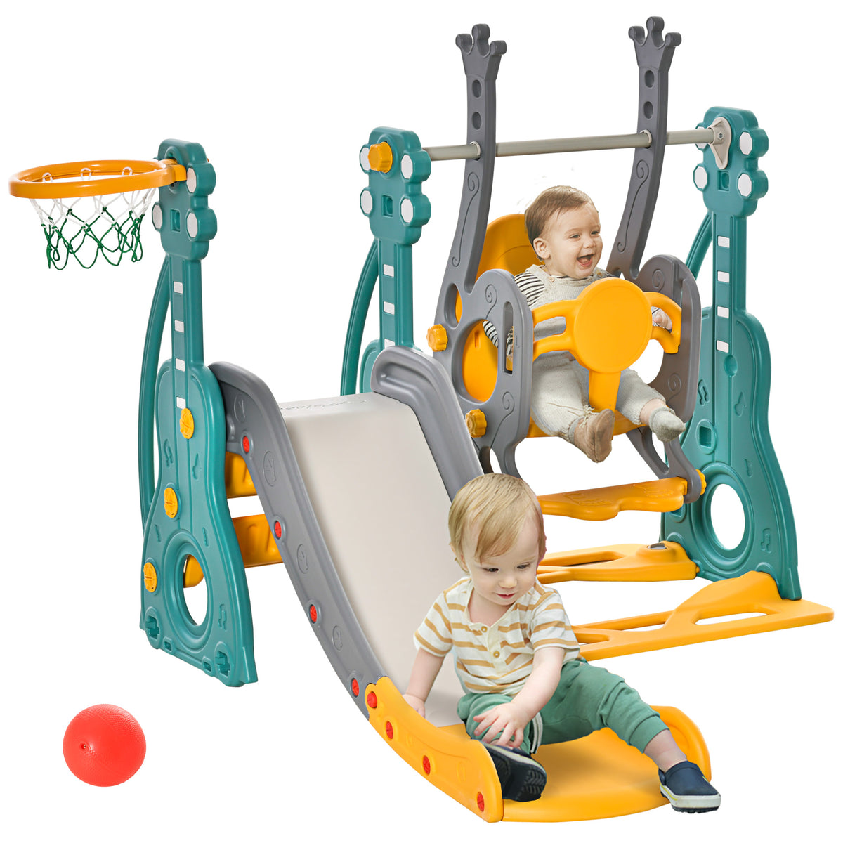 4-in-1 Toddler Slide and Swing Set with Basketball Hoop and Adjustable Seat Height, Kids Play Climber Slide Playset for Indoor and Outdoor Playground Activity Center-Toys & Games > Kids Outdoor Play > Gym Sets & Swings-DECOROLALA