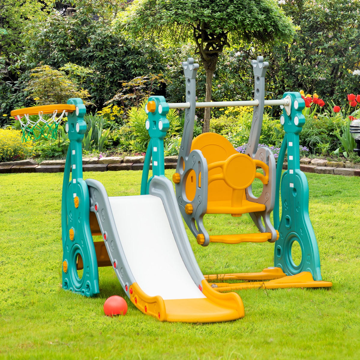 4-in-1 Toddler Slide and Swing Set with Basketball Hoop - Blue/Grey-Toys & Games > Kids Outdoor Play > Gym Sets & Swings-DECOROLALA