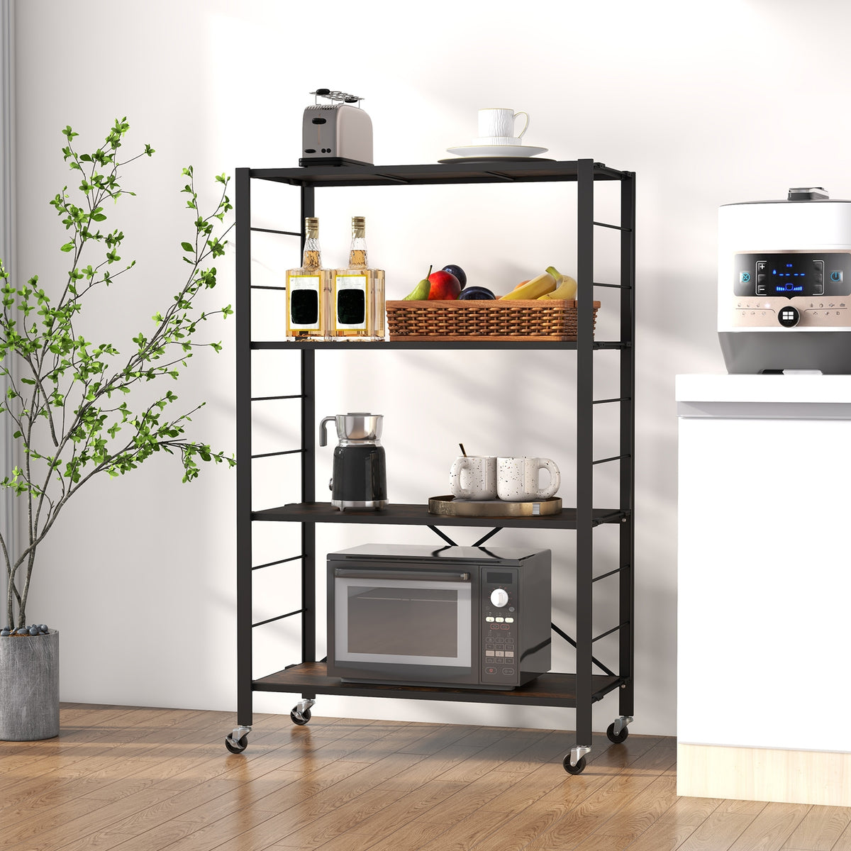 4-tier Foldable Storage Shelf for Tool Room Kitchen Living Room-Black-Baker’s Racks-DECOROLALA