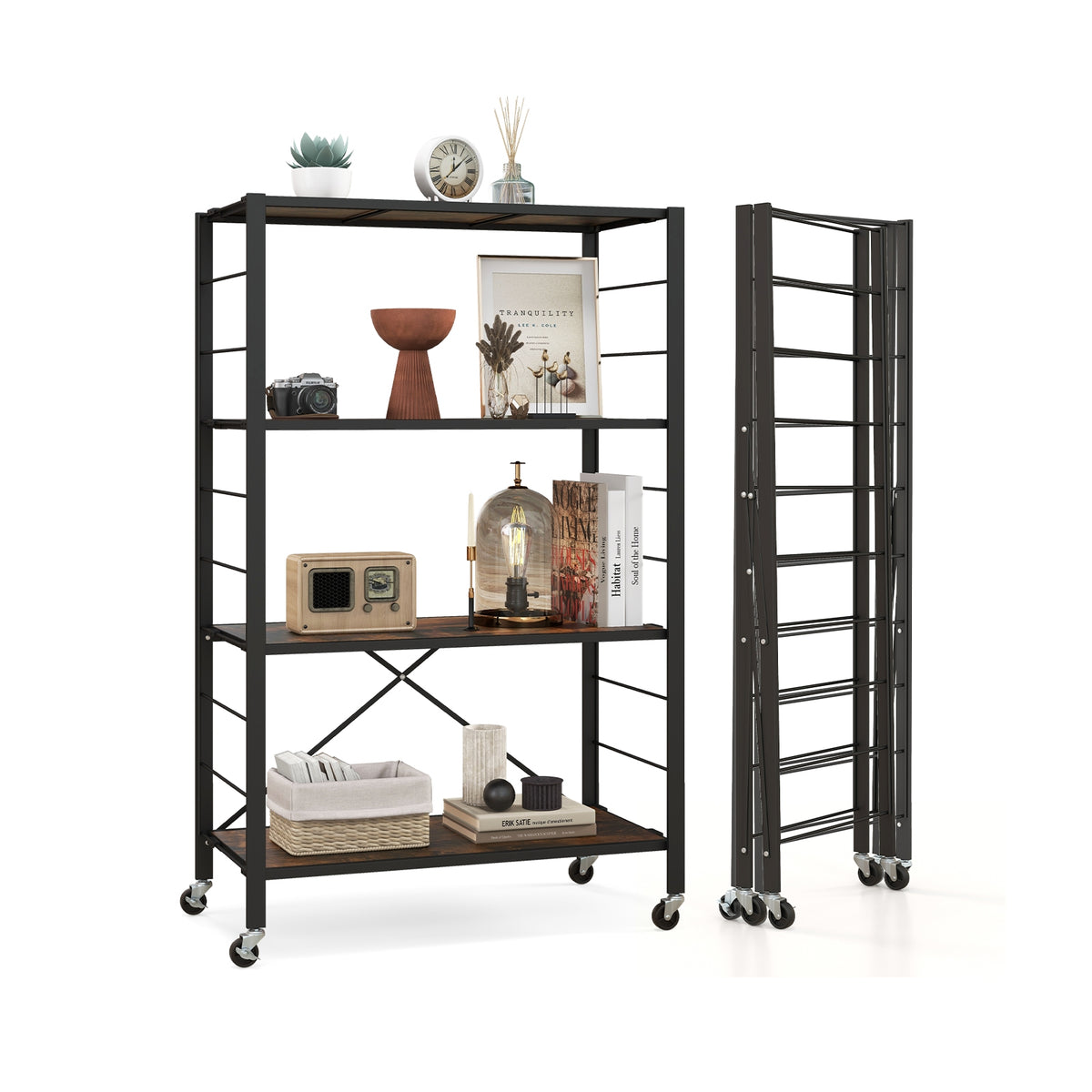 4-tier Foldable Storage Shelf for Tool Room Kitchen Living Room-Black-Baker’s Racks-DECOROLALA