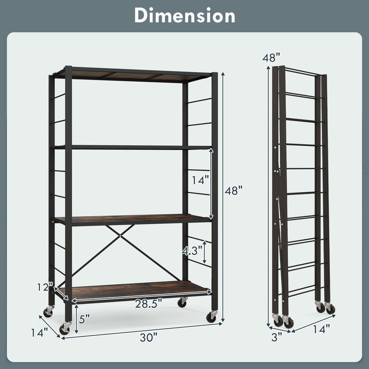 4-tier Foldable Storage Shelf for Tool Room Kitchen Living Room-Black-Baker’s Racks-DECOROLALA