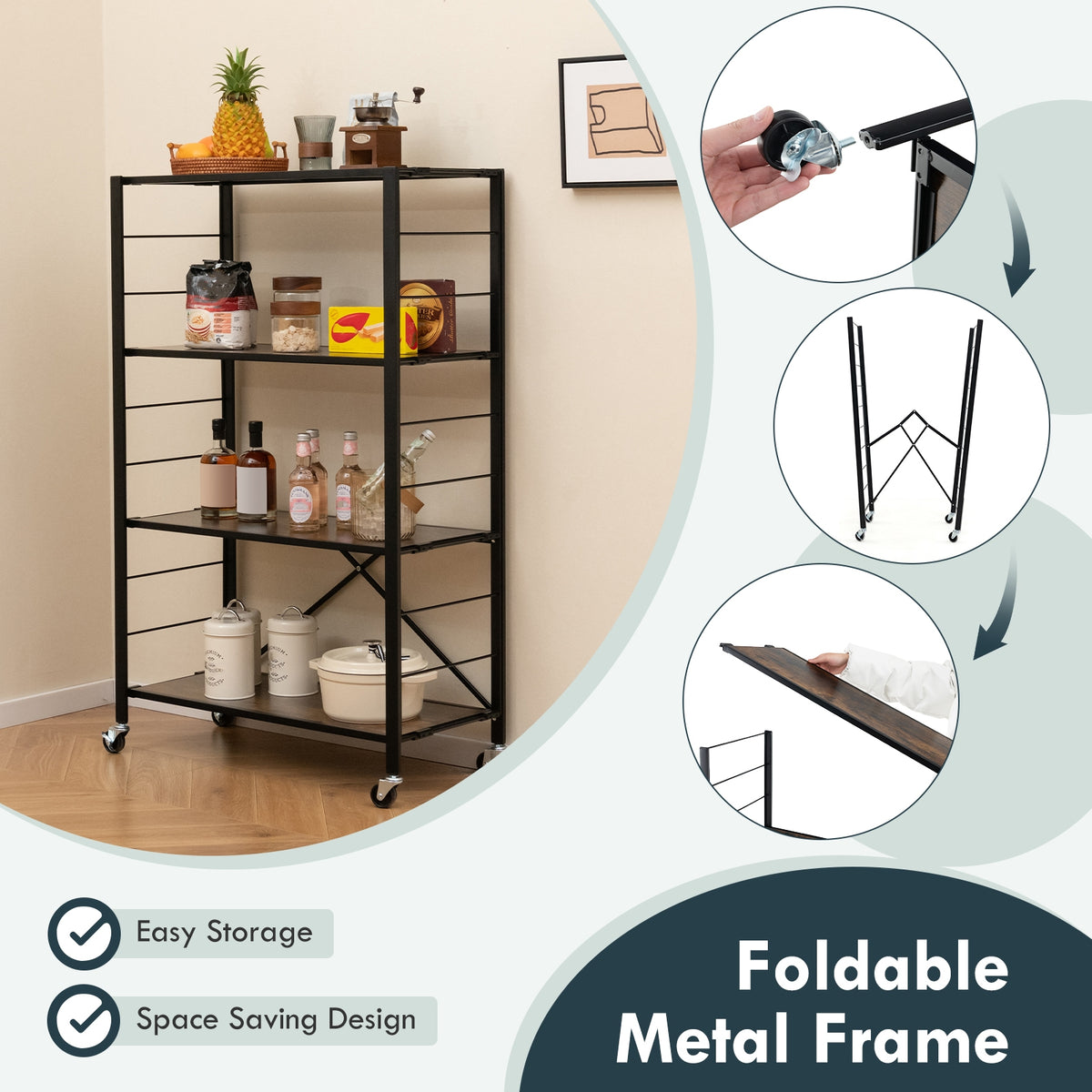 4-tier Foldable Storage Shelf for Tool Room Kitchen Living Room-Black-Baker’s Racks-DECOROLALA