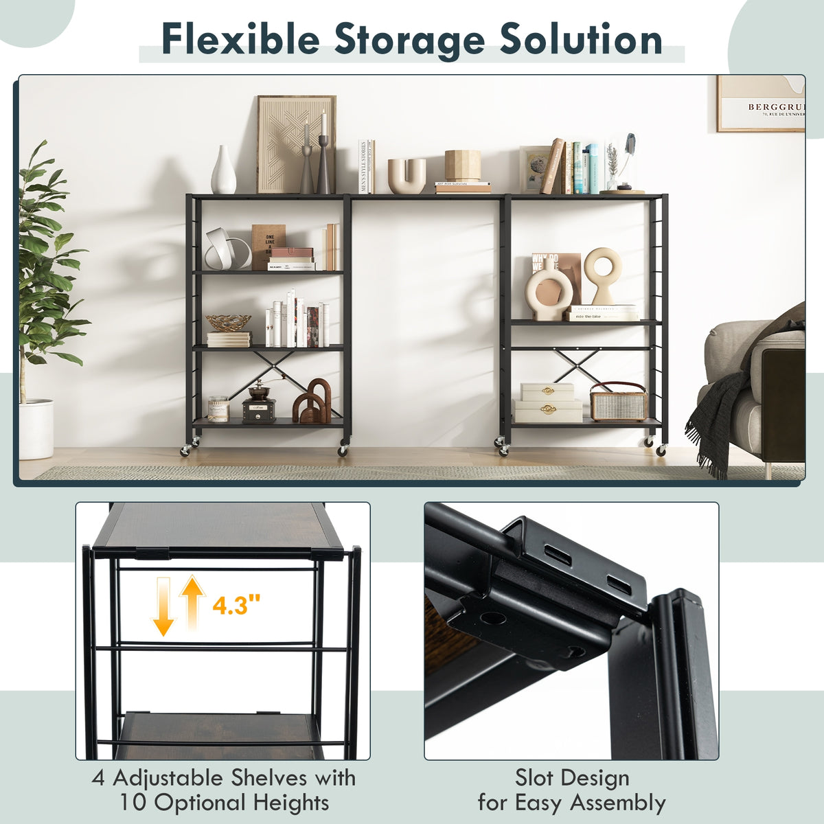 4-tier Foldable Storage Shelf for Tool Room Kitchen Living Room-Black-Baker’s Racks-DECOROLALA