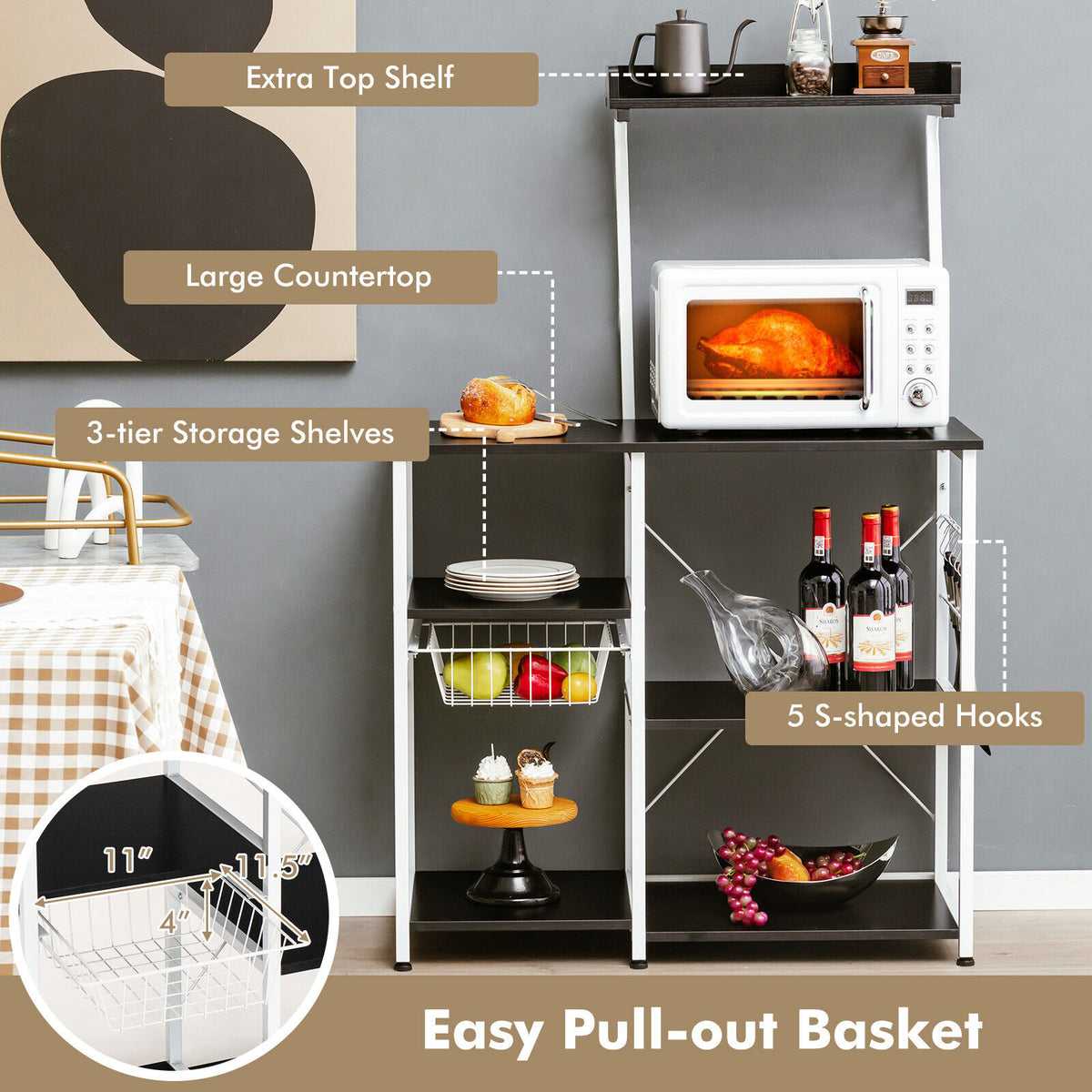 4-tier Kitchen Baker's Rack with Basket and 5 Hooks-Black-Baker’s Racks-DECOROLALA