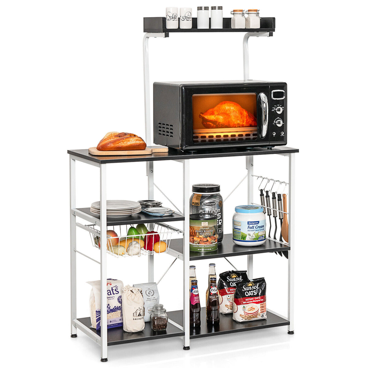 4-tier Kitchen Baker's Rack with Basket and 5 Hooks-Black-Baker’s Racks-DECOROLALA